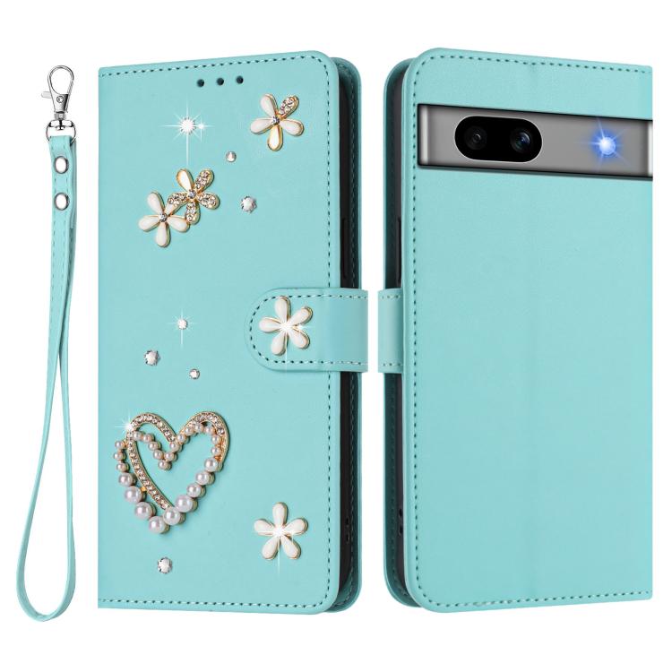 For Google Pixel 7a ZS01 Double-Layer Heart Floral Vegan Leather Phone Case with Wrist Strap