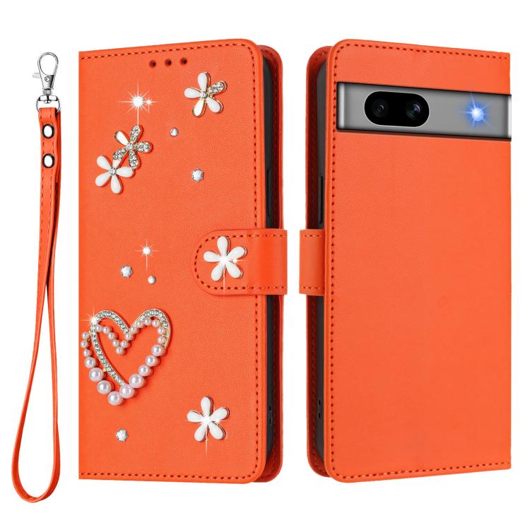 For Google Pixel 7a ZS01 Double-Layer Heart Floral Vegan Leather Phone Case with Wrist Strap