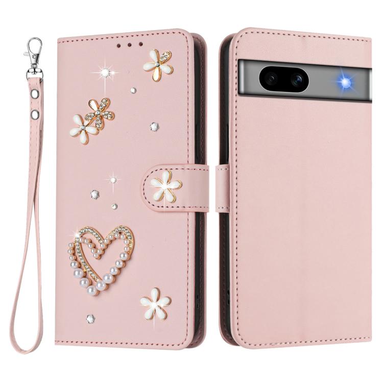 For Google Pixel 7a ZS01 Double-Layer Heart Floral Vegan Leather Phone Case with Wrist Strap