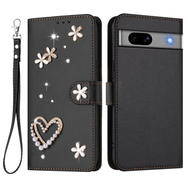 For Google Pixel 7a ZS01 Double-Layer Heart Floral Vegan Leather Phone Case with Wrist Strap