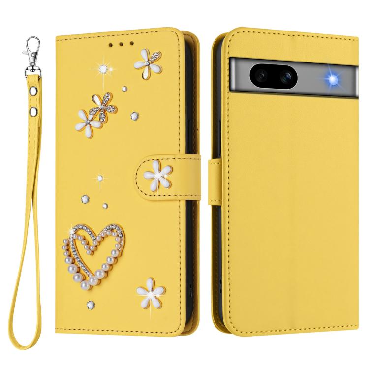 For Google Pixel 7a ZS01 Double-Layer Heart Floral Vegan Leather Phone Case with Wrist Strap