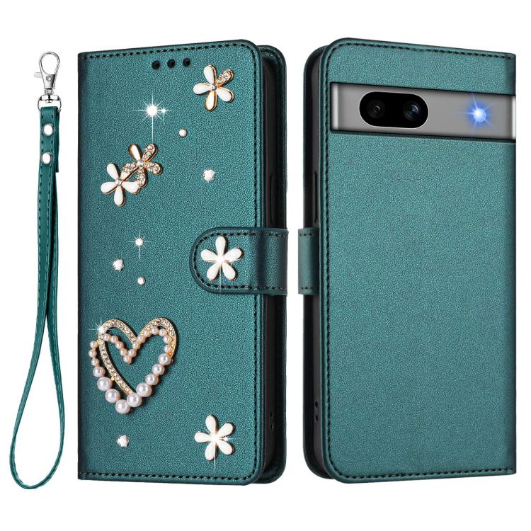 For Google Pixel 7a ZS01 Double-Layer Heart Floral Vegan Leather Phone Case with Wrist Strap