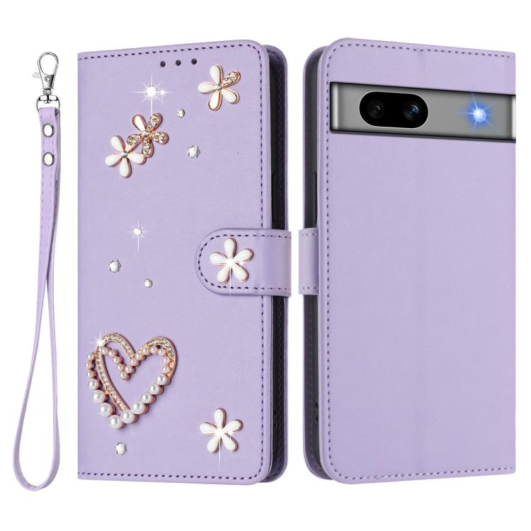 For Google Pixel 7a ZS01 Double-Layer Heart Floral Vegan Leather Phone Case with Wrist Strap