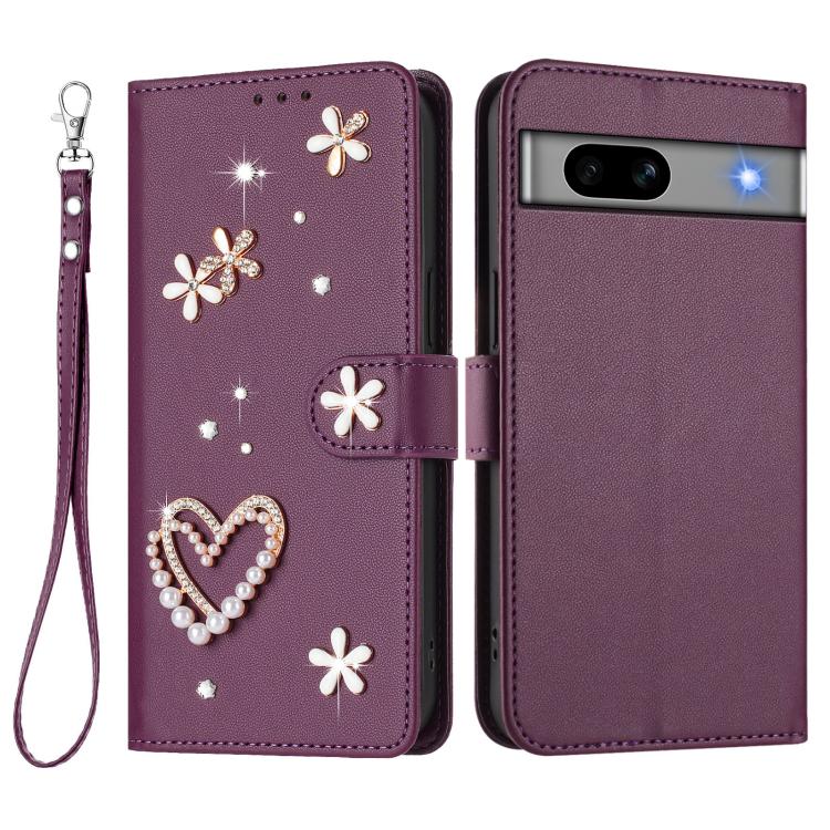 For Google Pixel 7a ZS01 Double-Layer Heart Floral Vegan Leather Phone Case with Wrist Strap