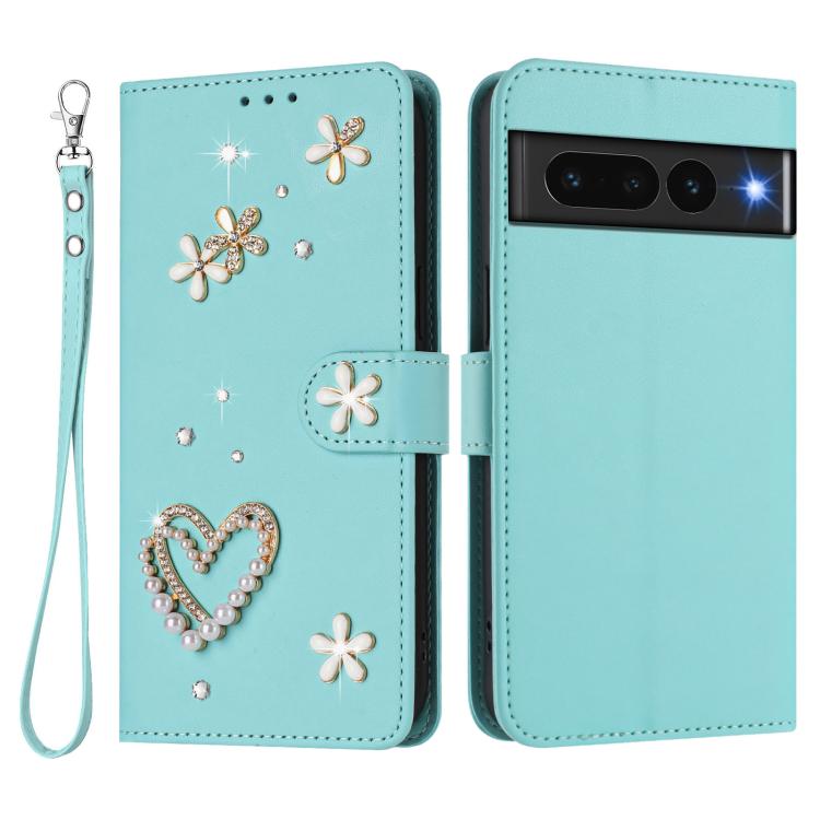 For Google Pixel 7 Pro 5G ZS01 Double-Layer Heart Floral Vegan Leather Phone Case with Wrist Strap