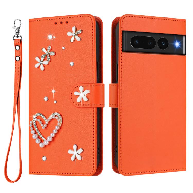 For Google Pixel 7 Pro 5G ZS01 Double-Layer Heart Floral Vegan Leather Phone Case with Wrist Strap