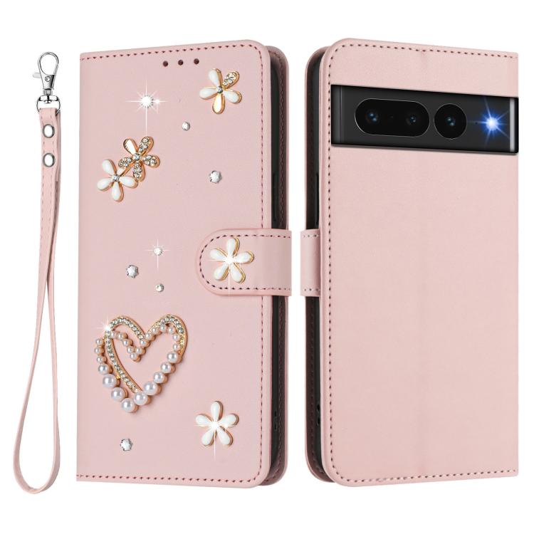 For Google Pixel 7 Pro 5G ZS01 Double-Layer Heart Floral Vegan Leather Phone Case with Wrist Strap