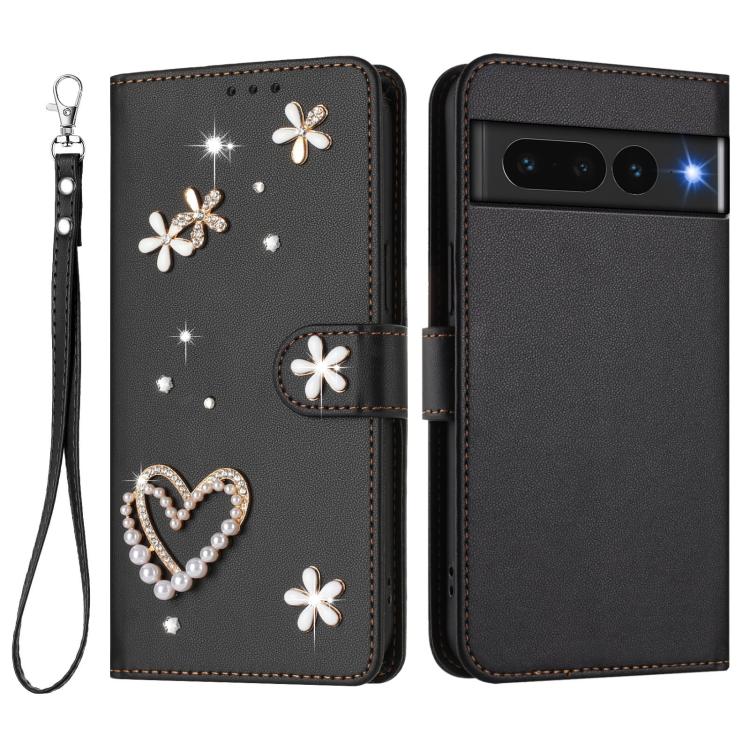For Google Pixel 7 Pro 5G ZS01 Double-Layer Heart Floral Vegan Leather Phone Case with Wrist Strap
