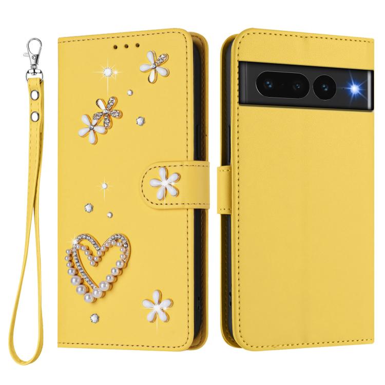 For Google Pixel 7 Pro 5G ZS01 Double-Layer Heart Floral Vegan Leather Phone Case with Wrist Strap