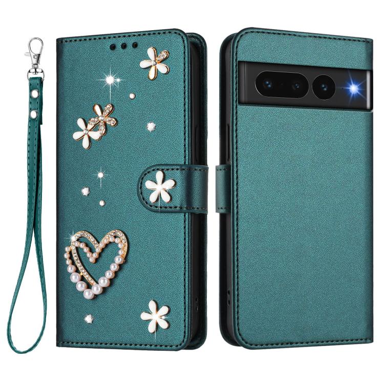For Google Pixel 7 Pro 5G ZS01 Double-Layer Heart Floral Vegan Leather Phone Case with Wrist Strap