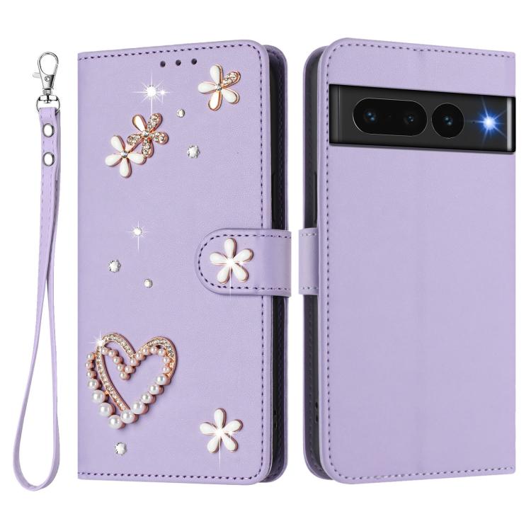 For Google Pixel 7 Pro 5G ZS01 Double-Layer Heart Floral Vegan Leather Phone Case with Wrist Strap