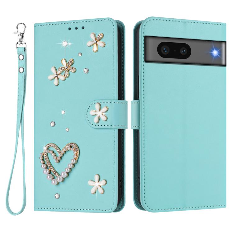 For Google Pixel 7 5G ZS01 Double-Layer Heart Floral Vegan Leather Phone Case with Wrist Strap