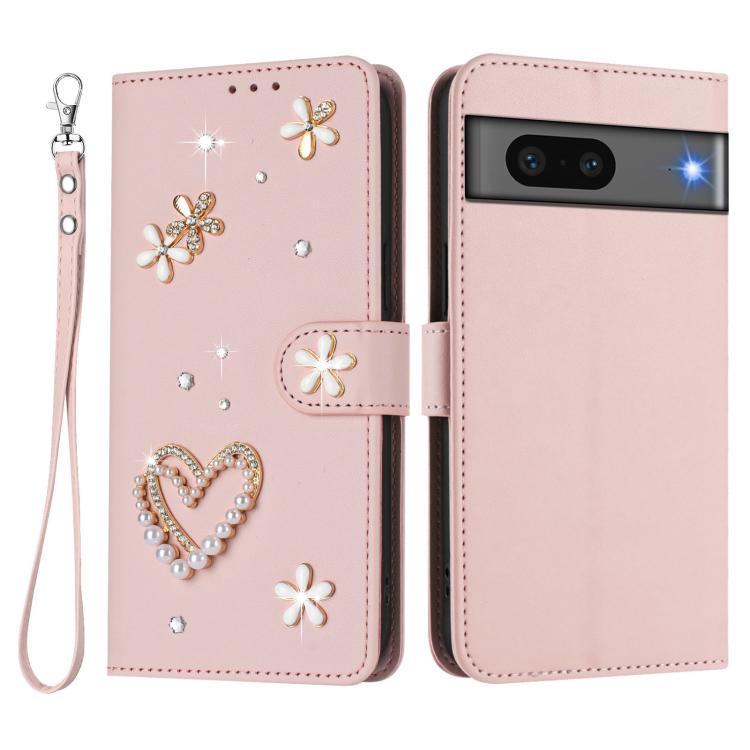 For Google Pixel 7 5G ZS01 Double-Layer Heart Floral Vegan Leather Phone Case with Wrist Strap