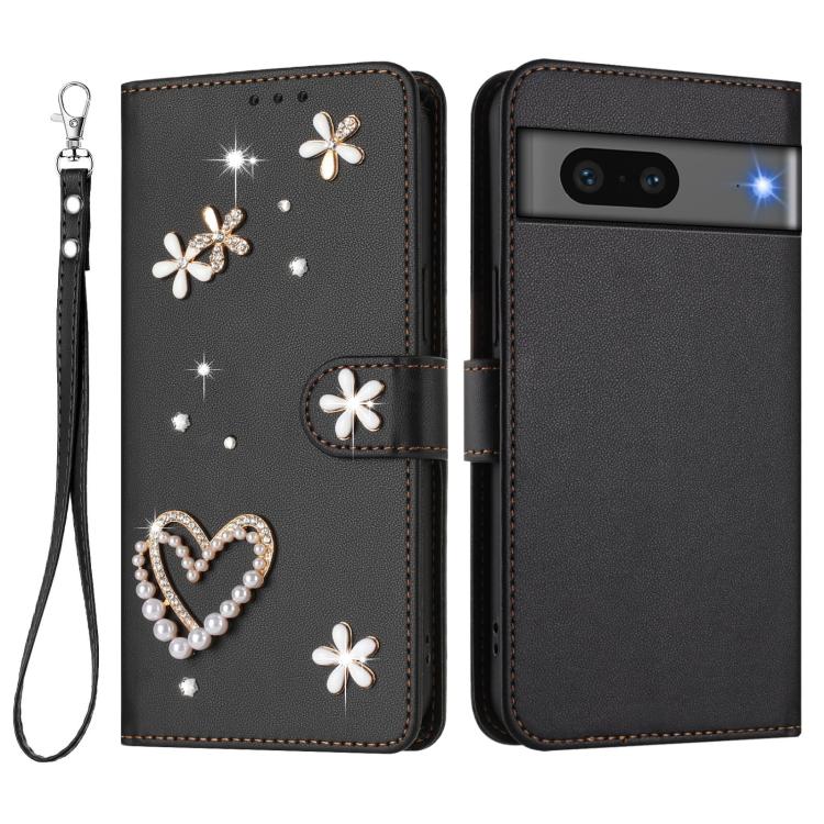 For Google Pixel 7 5G ZS01 Double-Layer Heart Floral Vegan Leather Phone Case with Wrist Strap