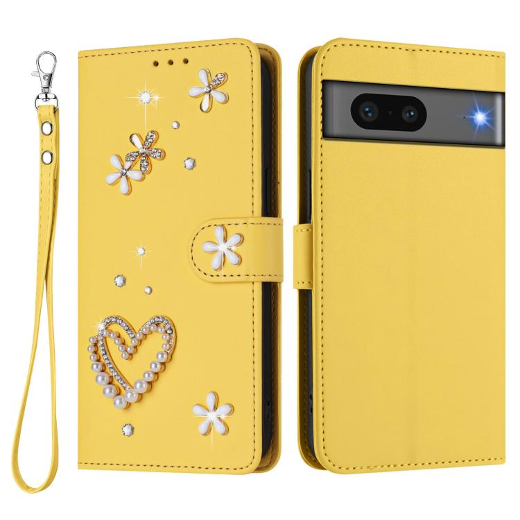 For Google Pixel 7 5G ZS01 Double-Layer Heart Floral Vegan Leather Phone Case with Wrist Strap