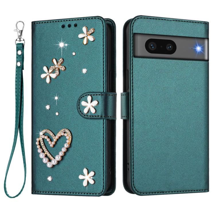 For Google Pixel 7 5G ZS01 Double-Layer Heart Floral Vegan Leather Phone Case with Wrist Strap