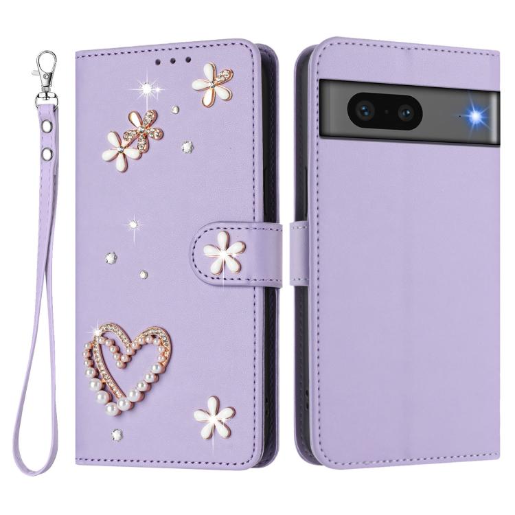 For Google Pixel 7 5G ZS01 Double-Layer Heart Floral Vegan Leather Phone Case with Wrist Strap