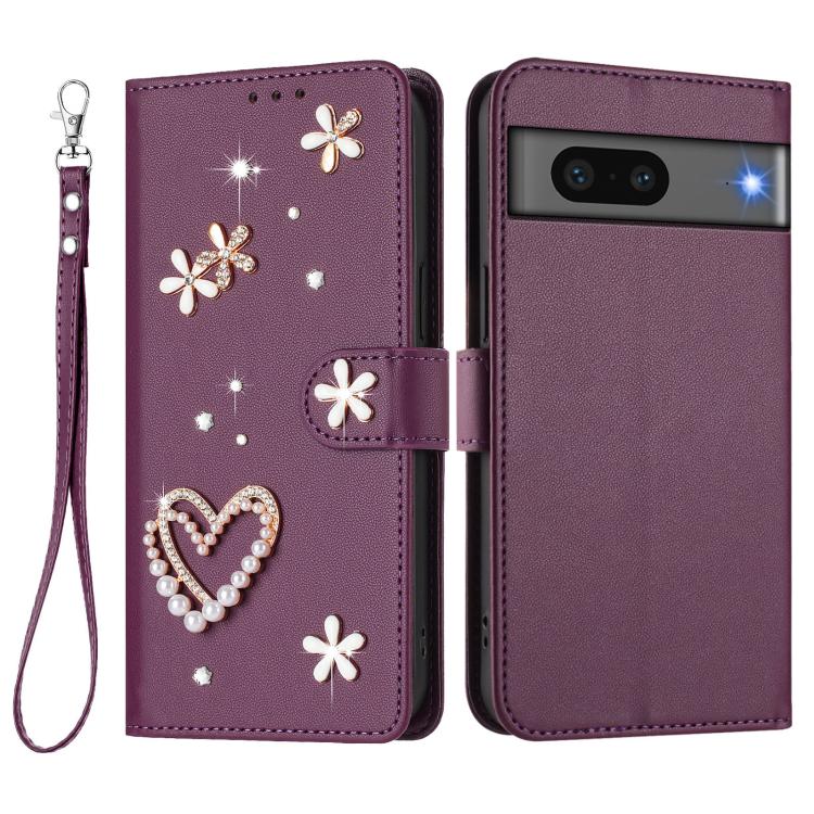 For Google Pixel 7 5G ZS01 Double-Layer Heart Floral Vegan Leather Phone Case with Wrist Strap