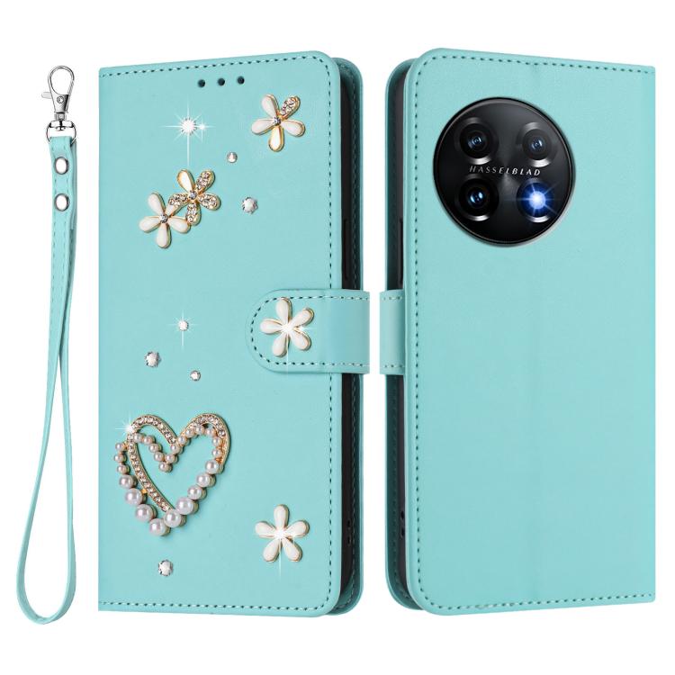 For OnePlus 11 ZS01 Double-Layer Heart Floral Vegan Leather Phone Case with Wrist Strap