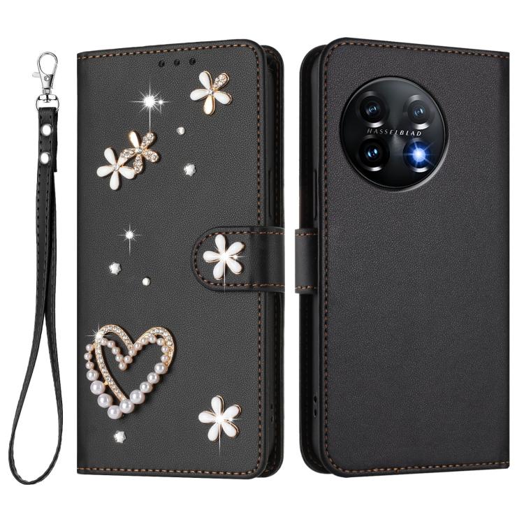 For OnePlus 11 ZS01 Double-Layer Heart Floral Vegan Leather Phone Case with Wrist Strap