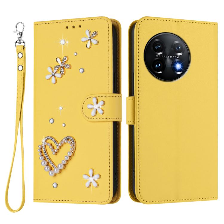 For OnePlus 11 ZS01 Double-Layer Heart Floral Vegan Leather Phone Case with Wrist Strap