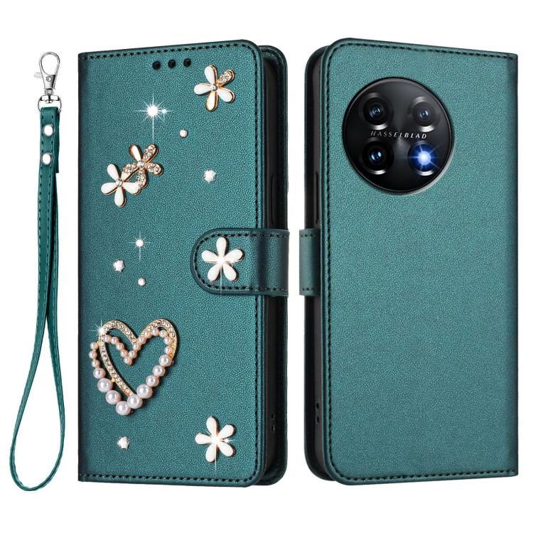 For OnePlus 11 ZS01 Double-Layer Heart Floral Vegan Leather Phone Case with Wrist Strap