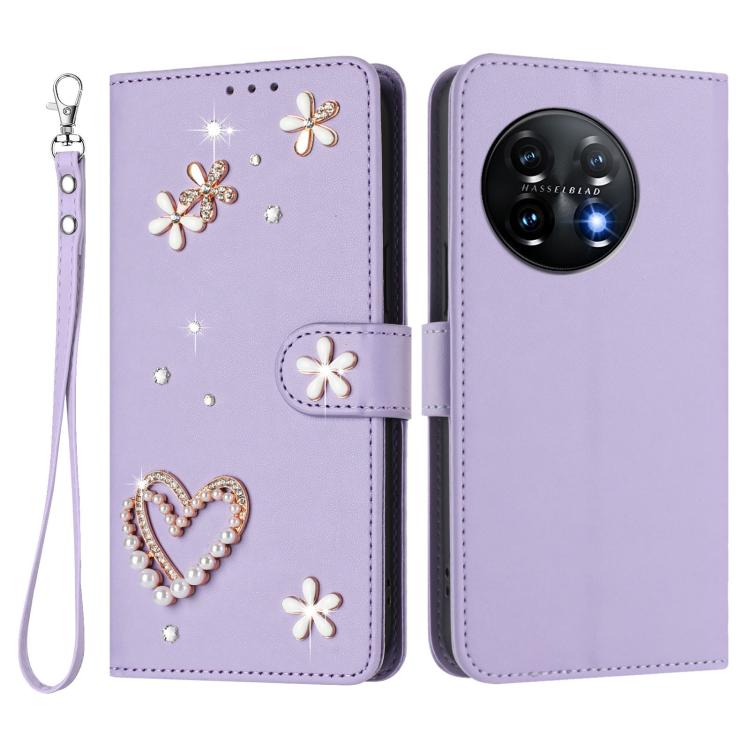 For OnePlus 11 ZS01 Double-Layer Heart Floral Vegan Leather Phone Case with Wrist Strap