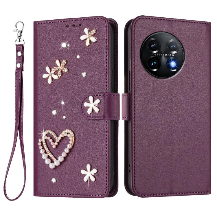 For OnePlus 11 ZS01 Double-Layer Heart Floral Vegan Leather Phone Case with Wrist Strap
