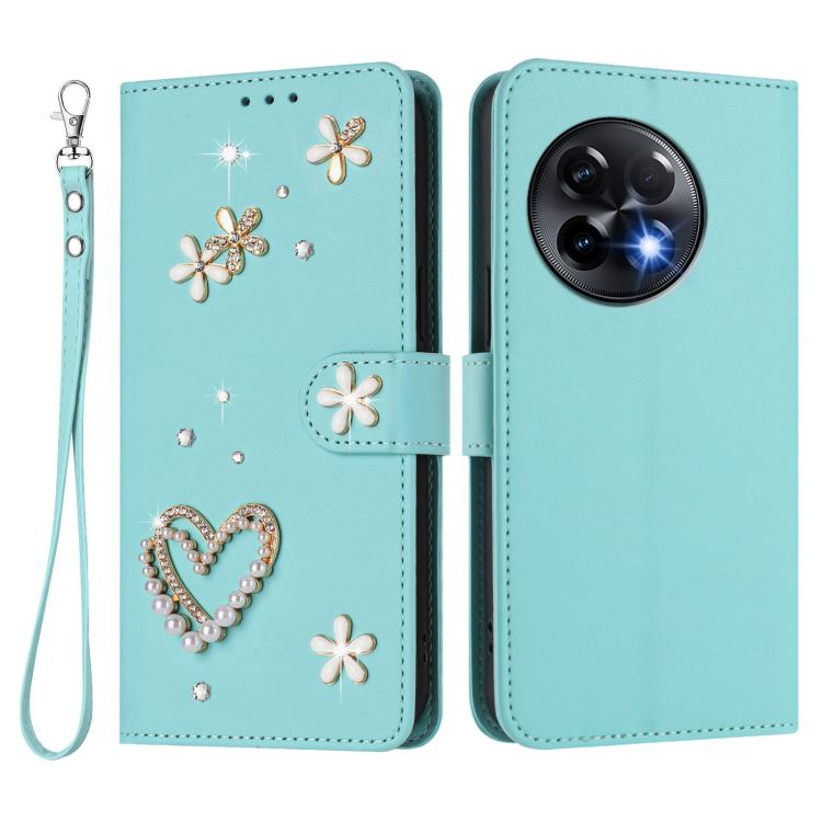 For OnePlus 11R 5G Global ZS01 Double-Layer Heart Floral Vegan Leather Phone Case with Wrist Strap