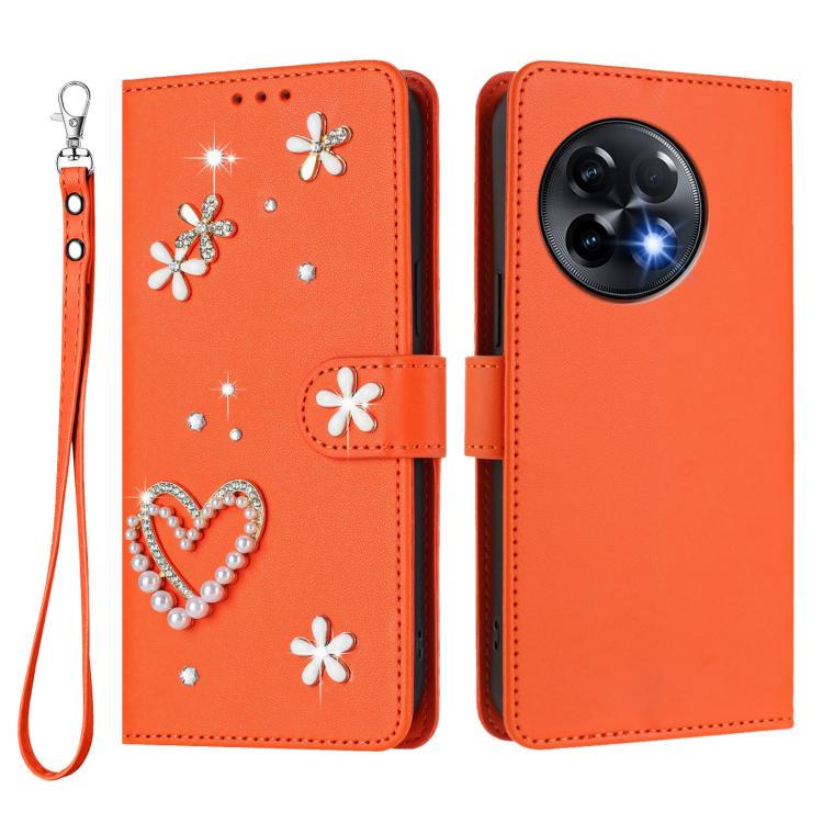 For OnePlus 11R 5G Global ZS01 Double-Layer Heart Floral Vegan Leather Phone Case with Wrist Strap