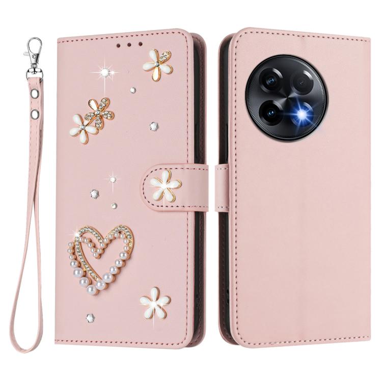 For OnePlus 11R 5G Global ZS01 Double-Layer Heart Floral Vegan Leather Phone Case with Wrist Strap