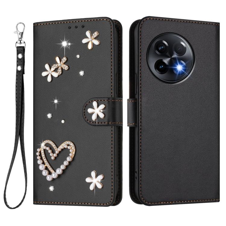 For OnePlus 11R 5G Global ZS01 Double-Layer Heart Floral Vegan Leather Phone Case with Wrist Strap