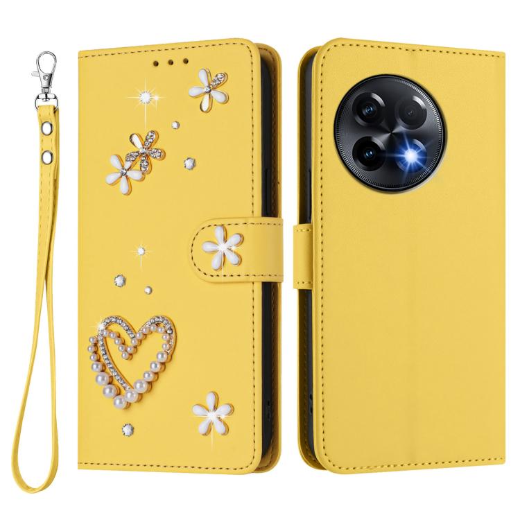 For OnePlus 11R 5G Global ZS01 Double-Layer Heart Floral Vegan Leather Phone Case with Wrist Strap