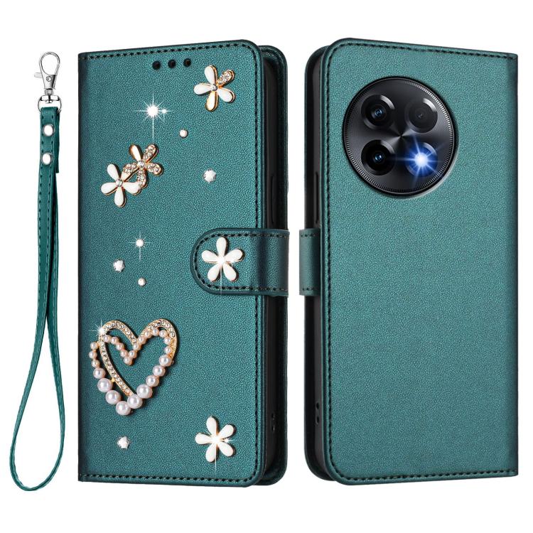 For OnePlus 11R 5G Global ZS01 Double-Layer Heart Floral Vegan Leather Phone Case with Wrist Strap