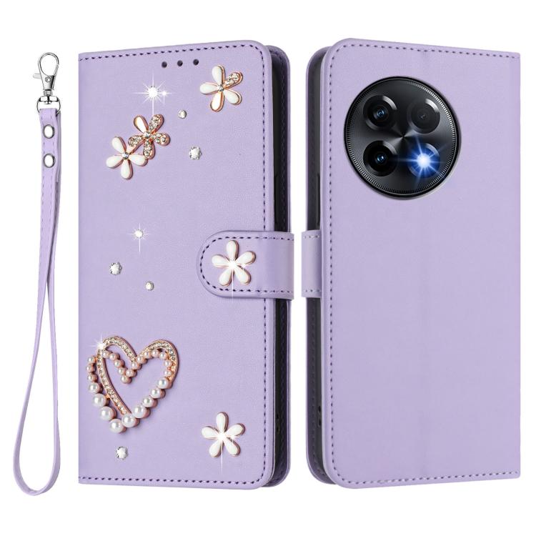 For OnePlus 11R 5G Global ZS01 Double-Layer Heart Floral Vegan Leather Phone Case with Wrist Strap