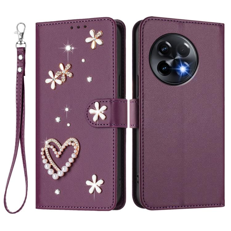 For OnePlus 11R 5G Global ZS01 Double-Layer Heart Floral Vegan Leather Phone Case with Wrist Strap