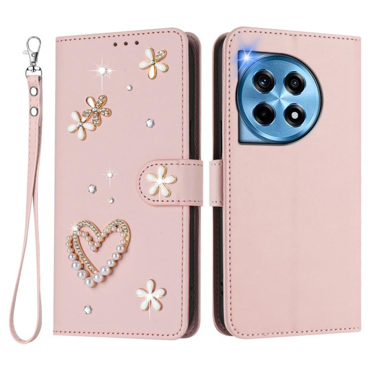 For OnePlus 12 5G Global ZS01 Double-Layer Heart Floral Vegan Leather Phone Case with Wrist Strap
