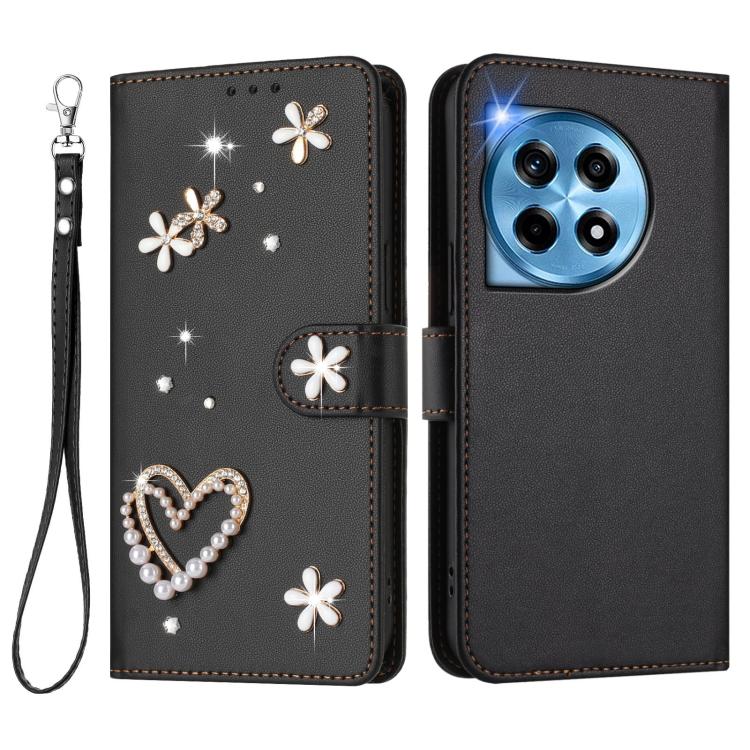 For OnePlus 12 5G Global ZS01 Double-Layer Heart Floral Vegan Leather Phone Case with Wrist Strap