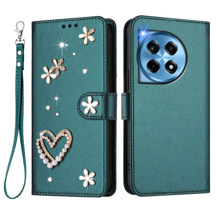 For OnePlus 12 5G Global ZS01 Double-Layer Heart Floral Vegan Leather Phone Case with Wrist Strap