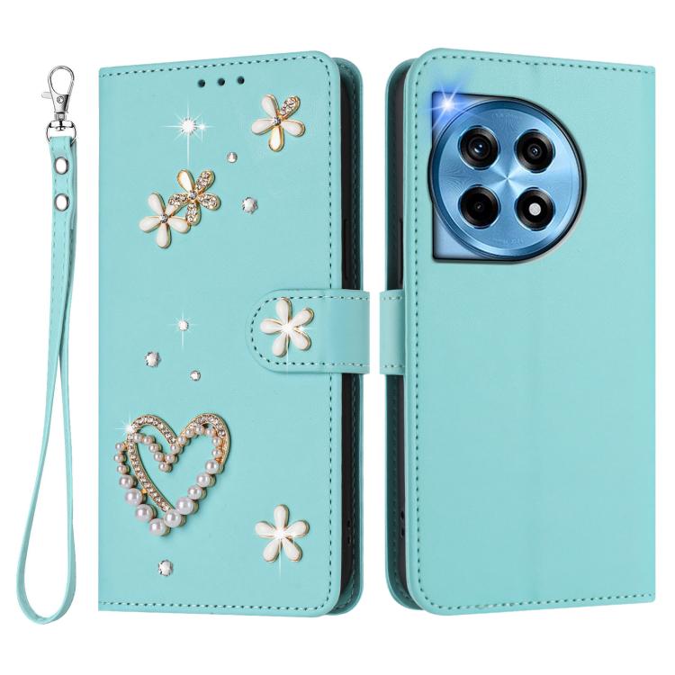 For OnePlus 12R 5G Global ZS01 Double-Layer Heart Floral Vegan Leather Phone Case with Wrist Strap