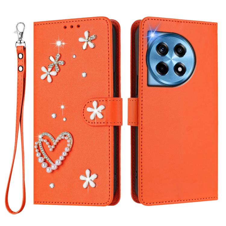 For OnePlus 12R 5G Global ZS01 Double-Layer Heart Floral Vegan Leather Phone Case with Wrist Strap