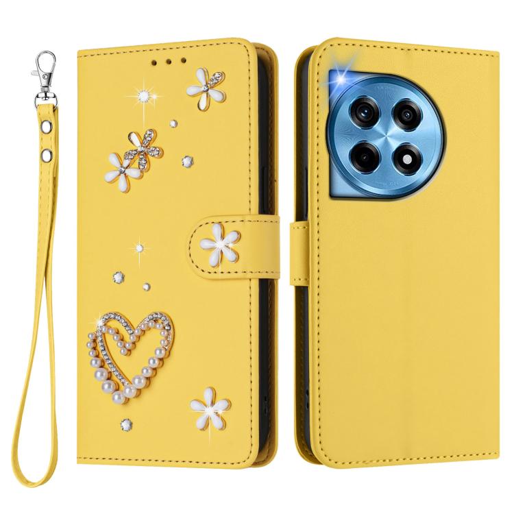 For OnePlus 12R 5G Global ZS01 Double-Layer Heart Floral Vegan Leather Phone Case with Wrist Strap