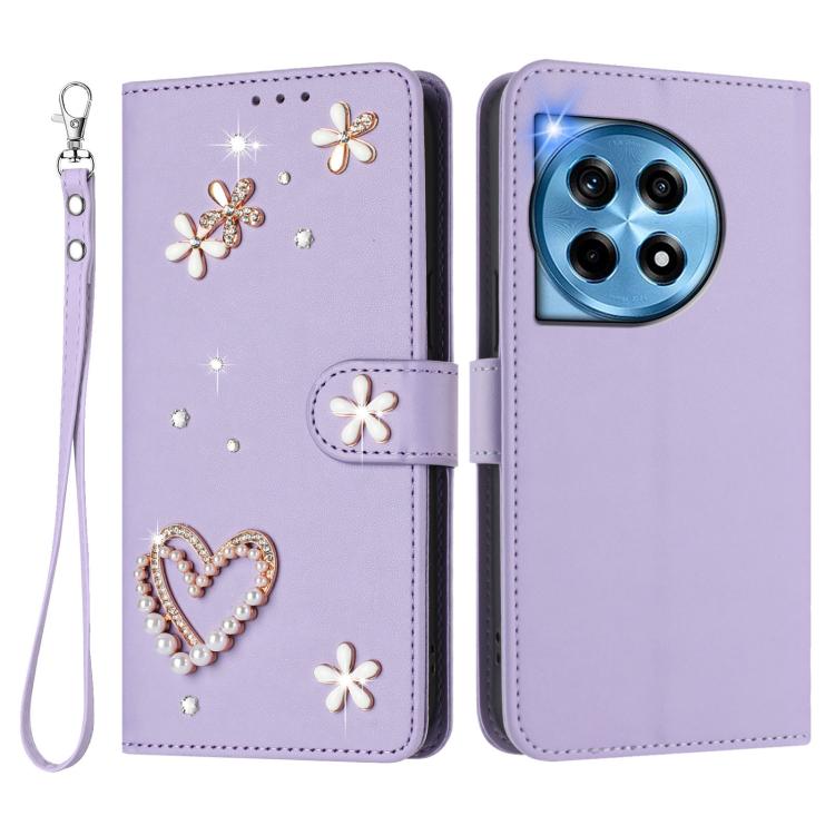 For OnePlus 12R 5G Global ZS01 Double-Layer Heart Floral Vegan Leather Phone Case with Wrist Strap
