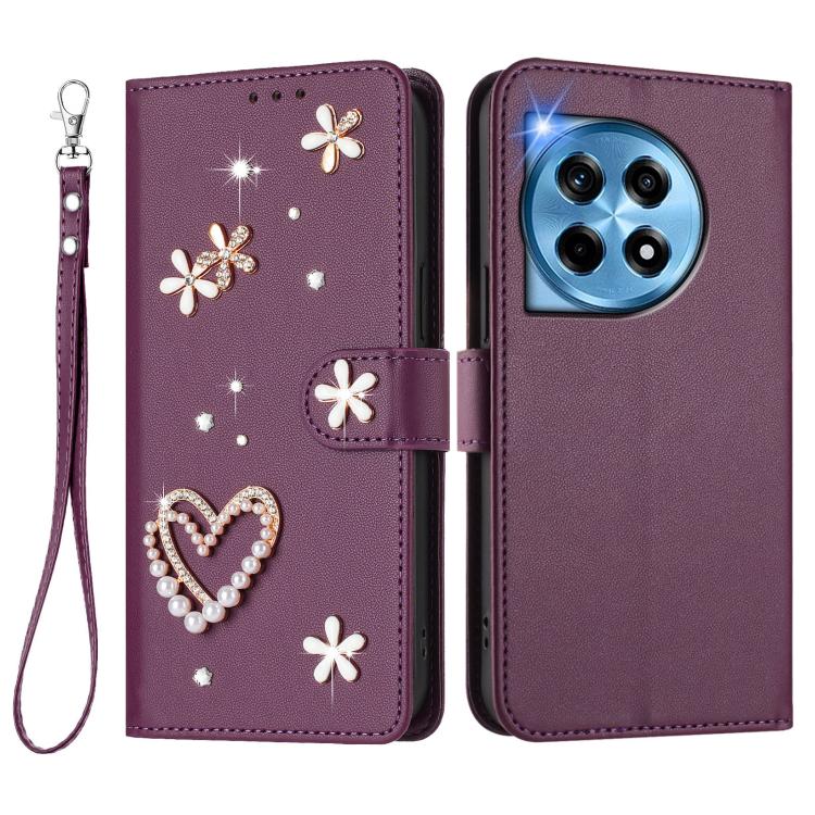 For OnePlus 12R 5G Global ZS01 Double-Layer Heart Floral Vegan Leather Phone Case with Wrist Strap