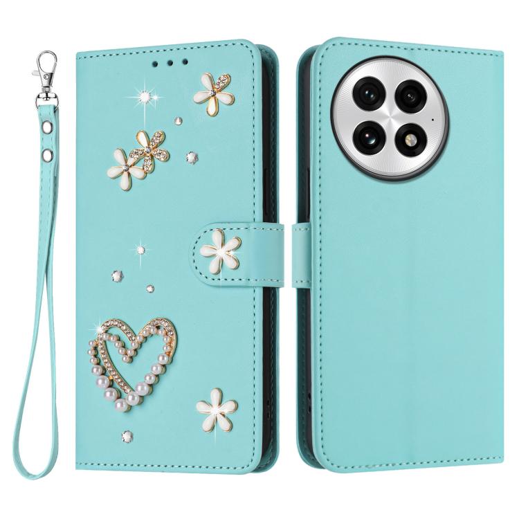 For OnePlus 13 ZS01 Double-Layer Heart Floral Vegan Leather Phone Case with Wrist Strap