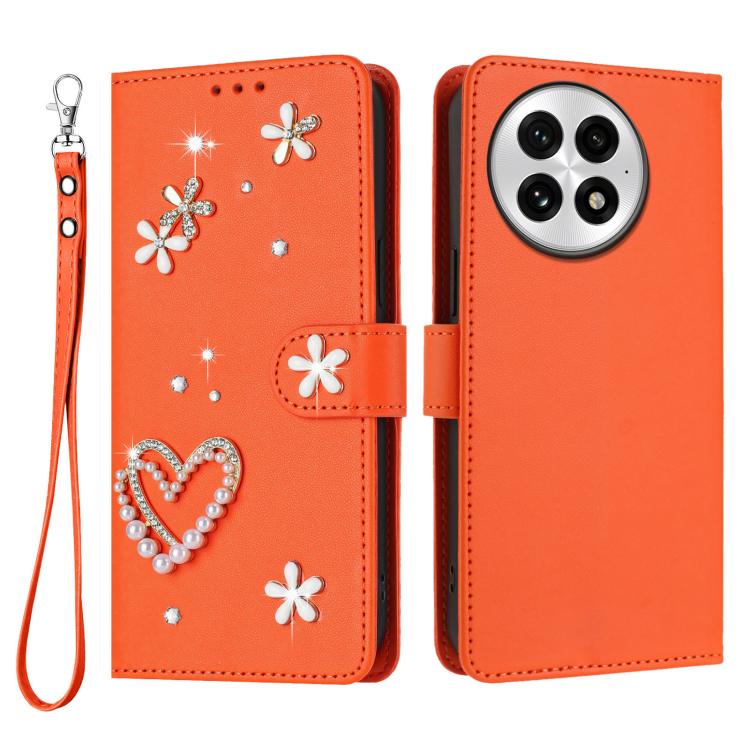 For OnePlus 13 ZS01 Double-Layer Heart Floral Vegan Leather Phone Case with Wrist Strap