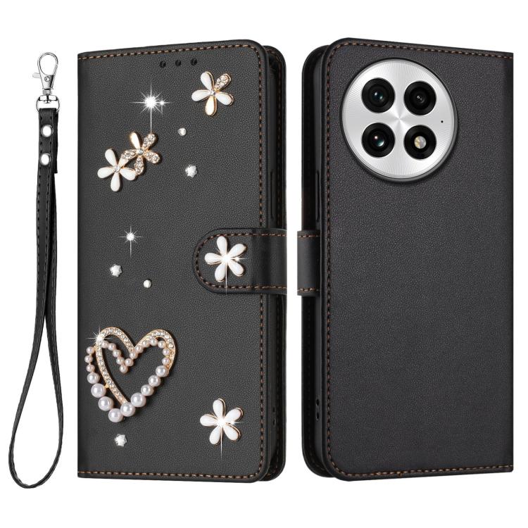 For OnePlus 13 ZS01 Double-Layer Heart Floral Vegan Leather Phone Case with Wrist Strap