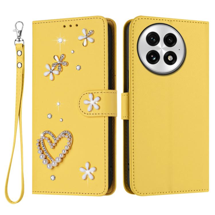 For OnePlus 13 ZS01 Double-Layer Heart Floral Vegan Leather Phone Case with Wrist Strap