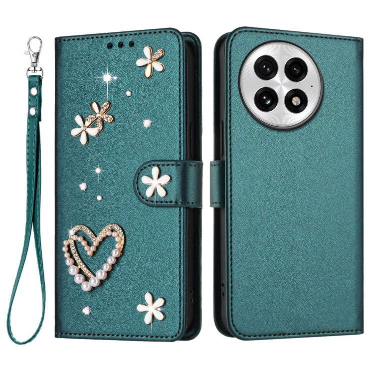 For OnePlus 13 ZS01 Double-Layer Heart Floral Vegan Leather Phone Case with Wrist Strap