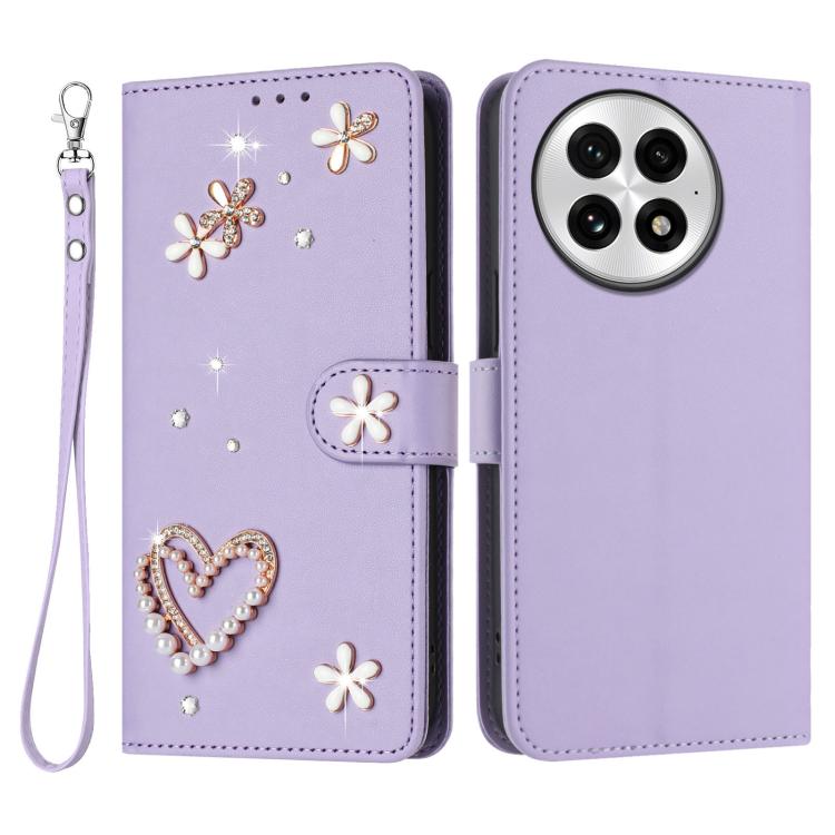 For OnePlus 13 ZS01 Double-Layer Heart Floral Vegan Leather Phone Case with Wrist Strap